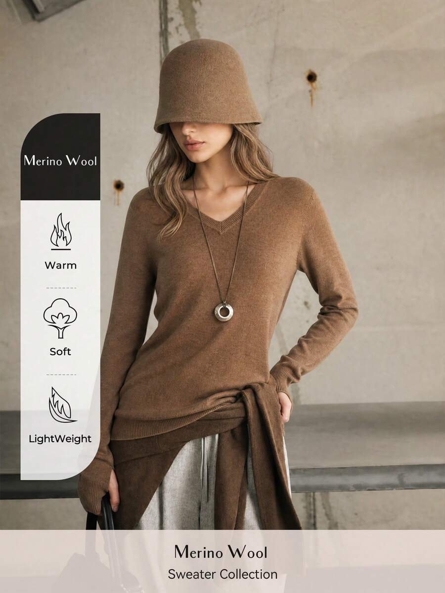 Women's Merino Wool Sweater Classic Vintage Cable Long Sleeve Autumn Soft Knitted Pullover Autumn Outfit For Women Winter Clothes - Brown - View 1