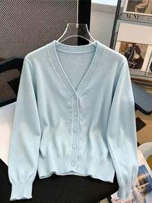 Summer New Elegant Lace V-Neck Long Sleeve Thin Sun Protection Knit Cardigan - Light Blue - View 1