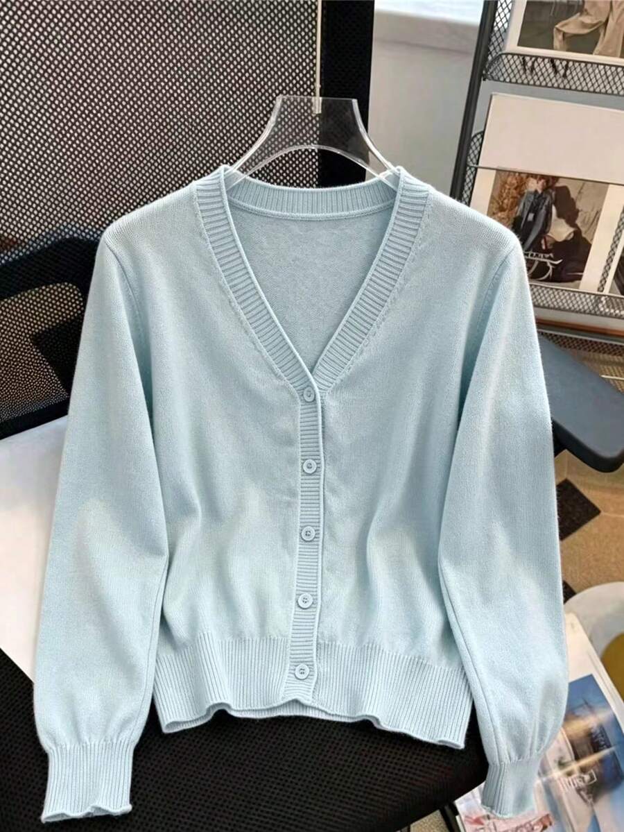 Summer New Elegant Lace V-Neck Long Sleeve Thin Sun Protection Knit Cardigan - Light Blue - View 1