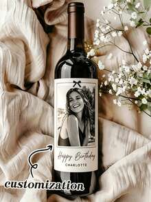 Custom Commemorative Wine Bottle Label Stickers, Personalized Anniversary Wine Labels, Custom Photo Wine Labels/Personalized Birthday Wine Labels/Personalized Floral Birthday Wine Labels – Customizable Name And Age, Gift For Her, Mom, Sister Or Friend - Label Paper - View 1
