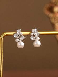 Round Pearl Earrings With Diamonds, Minimalist Style Pearl Studs, Delicate Pearl Earrings, Wedding Accessories, Bridesmaid Gift. - Silver - View 8