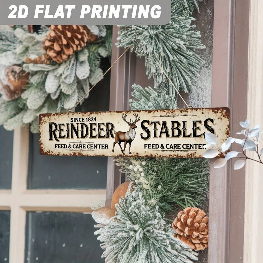 2D Flat Vintage Reindeer Barn Metal Sign - Rustic Farmhouse Wall Art Decor, 3.94X15.75 Inches, Christmas Decorative Plaque, Suitable For Home, Kitchen, Entryway, No Electricity Required (Random Style) - A - View 1