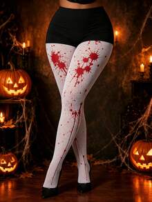 Women Halloween White Red Blood Splatter Graphic Cosplay Tights Pantyhose - Multicolor - View 3