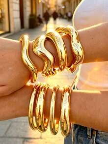 4/1pc Vintage Fashion Exaggerated Wide Asymmetrical Metal Bracelet Set For Women, Casual Style, Suitable For Daily Wear, Vacation, Gathering, Party, Holiday, Gift - Yellow Gold - View 6