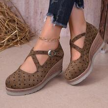 Polka Dot Round Toe Wedge Heel Buckle Strap Height-Increasing Retro Fashion Casual Loafers - Brown - View 3