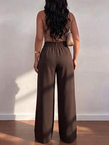 Women's Plus Size Wide Leg Suit Pants, Long Woven Non-Stretch Trousers, Button Front Design, With Pockets, Elegant Autumn Commuter Wear - Rust Brown - View 4