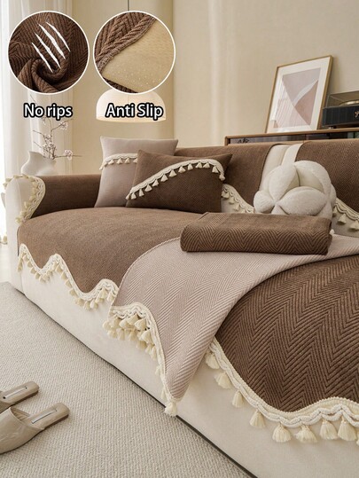 ZXZGM 1pc Herringbone Jacquard Tassel Trim Sofa Cushion, Modern Minimalist Sofa Set, Thickened PVC Polka Dot Non-Slip Bottom, Wear-Resistant Durable, Cat Scratch Resistant Pet Friendly, Tear-Resistant Machine Washable, Dust-Proof Living Room Bedroom Outdoor 1-4 Person Straight L-Shaped Sofa Universal Old Sofa Cover, Bohemian, Sofa Cover, Couch Cover
