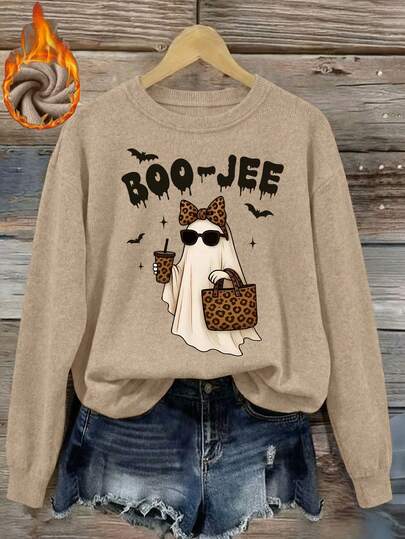 Plus Size Women Boo-Jee Leopard Print Fashion Ghost Graphic Crew Neck Long Sleeve Faux Sweater, Women Autumn/Winter Sweater, Women Halloween Costume, Suitable For Halloween Daily Party