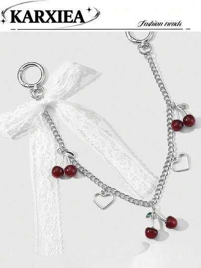 Cherry Heart Shaped Chain Decor, Bag Charm, Cute Accessory For Girls, Metal Chain With Bow Decoration, Delicate Accessory Accessories Charms For Bag Teacher Gifts Accessories Red Accessories Festival Graduation Teacher Appreciation Gifts Birthday Mother Gifts Mothers Day Gift