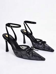 Women's Black Lace Mesh Pointed Toe Ankle Strap High Heel Pumps With Bow, Stiletto Heel Dress Shoes For Graduation, Prom, Wedding Guest, Dating - Black - View 3
