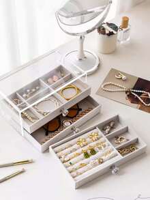3-Layer Transparent Acrylic Jewelry Storage Box, Large Capacity Desktop Drawer Storage Box, 5-Layer Acrylic Jewelry Box, Velvet Jewelry Tray, Portable Jewelry Display Box, Stackable Drawer Storage Rack - Multicolor - View 7