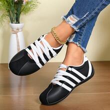 New Colorblock Striped Casual Training Shoes, Cross Elastic Lace-Up Hook And Loop Flat Shoes, Lightweight Daily Commute Shoes - Black - View 2