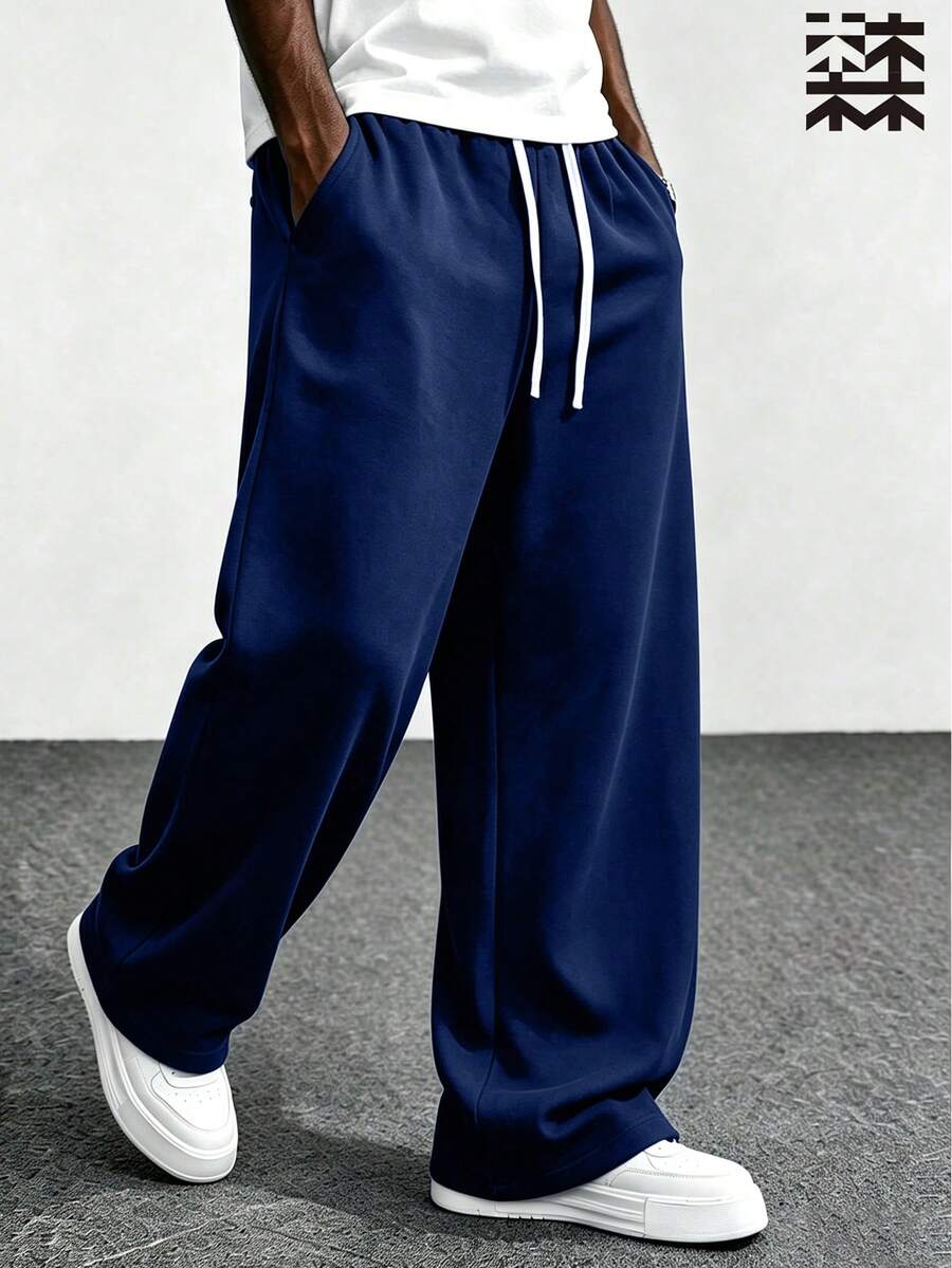mulinsen Men's Wide-Leg High-Waist Elastic Drawstring Sweatpants With Hip-Covering Design, Soft Fleece Fabric, Dual Side Pockets, Minimalist Slouchy, Loose Fit - Blue - View 1