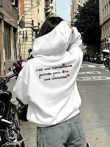 Women's Casual Hoodie With French Text & Red Heart Print, Loose Fit Breathable Sweatshirt For Spring Autumn Daily Campus Wear - White - View 3