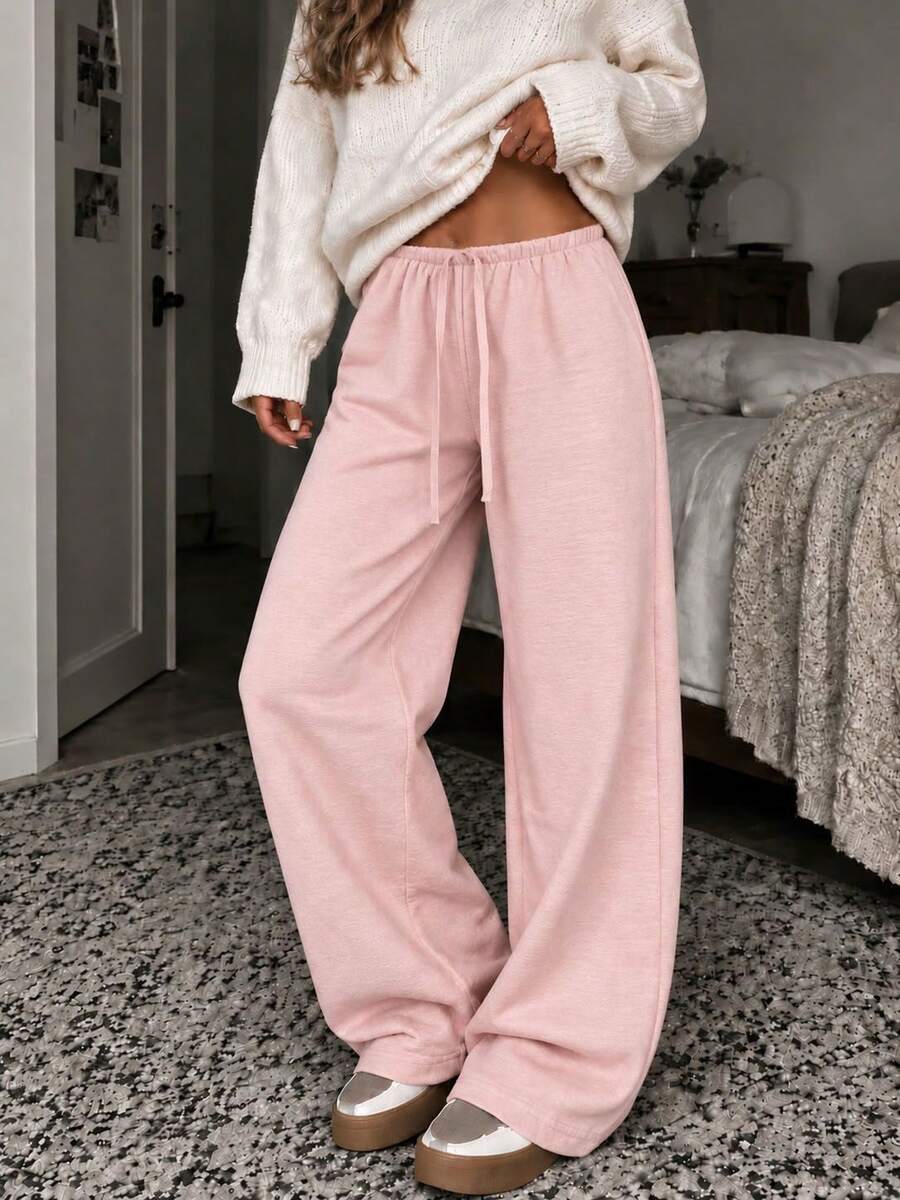 Women's Linen Texture Wide Leg Pants, Drawstring Elastic Waist Loose Casual Long Pants, Lightweight Summer Autumn Wide Leg Pants - Pink - View 1