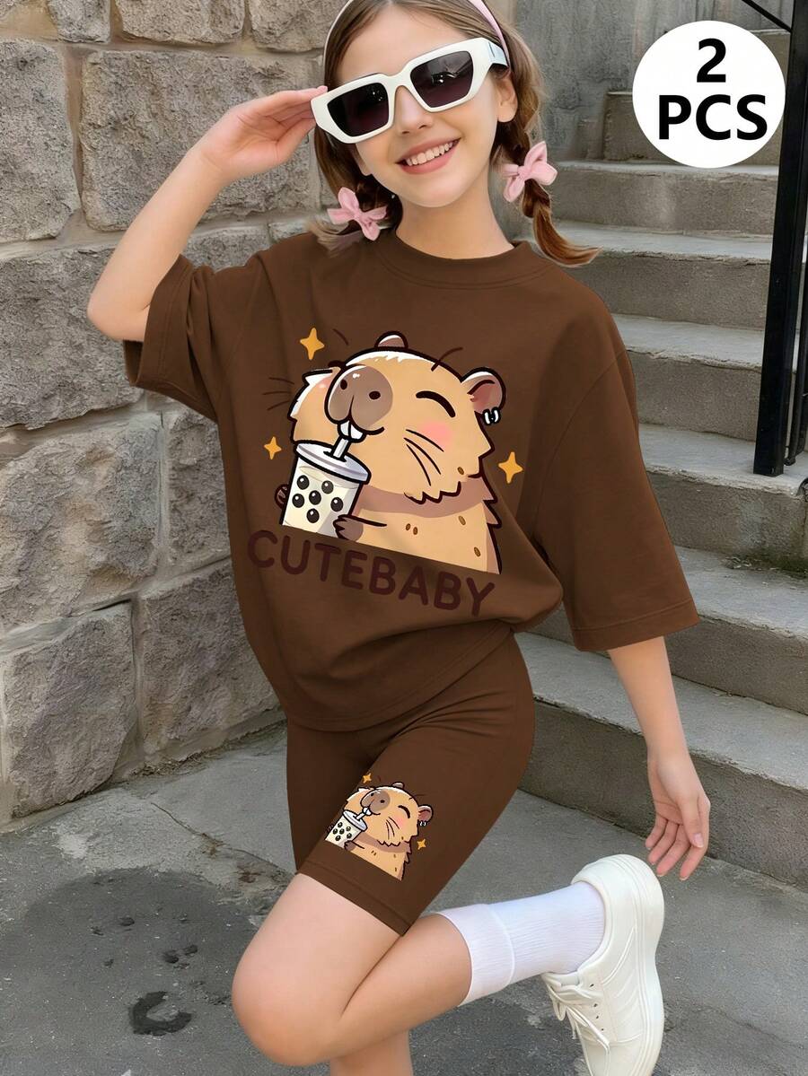 2pcs/Set Girls Casual Outfit, Cute Cartoon Bubble Tea Print Loose T-Shirt, Matching Capybara Embellished Cycling Shorts, Suitable For Daily Wear, Summer - Brown - View 1