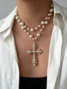 2pcs Gold-Tone Faux Pearl Cross Pendant Necklace Set, Women's Daily & Party Wear - Gold - View 2