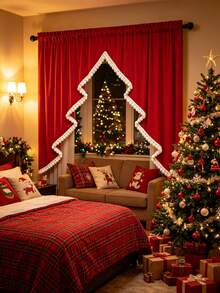1PC American Christmas Hollow Christmas Tree Coffee Curtain, Plaid Trim Dark Green Half Curtain, Rod Pocket Style, Kitchen Small Window Holiday Decor Short Valance - Red - View 1