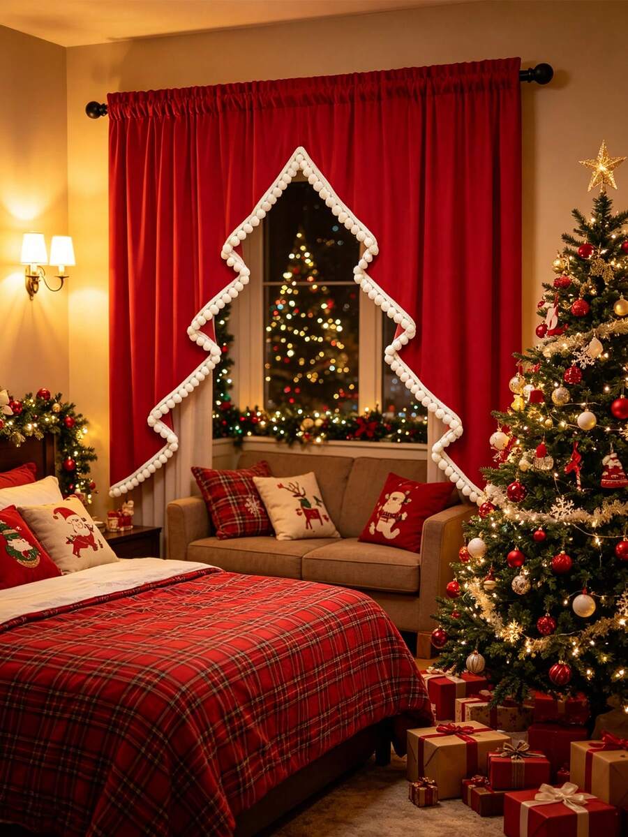 1PC American Christmas Hollow Christmas Tree Coffee Curtain, Plaid Trim Dark Green Half Curtain, Rod Pocket Style, Kitchen Small Window Holiday Decor Short Valance - Red - View 1