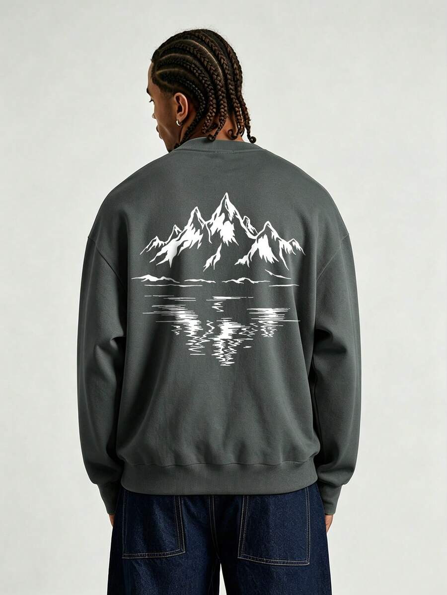 Men's Fashion Creative Design Printed Graphic Sport Casual Commute Versatile Long Sleeve Slim Fit Crew Neck Sweatshirt - Dark Grey - View 1