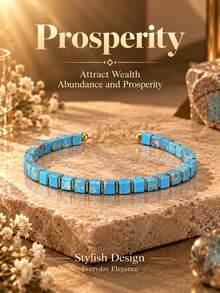 Bohemian Style Sky Blue Textured Square Bead Bracelet, Gold Spacer Adjustable Extension Chain Design, Prosperity Theme Symbolizing Attracting Wealth, Abundance And Good Luck, Fashionable Elegant Minimalist Versatile Daily Jewelry, Suitable For Commuting, Casual Wear And Holiday Gifts - Multicolor - View 6