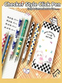 6pcs Checkerboard Color Block Click Neutral Pens, Bullet Tip Black Ink Click Pens, Highly Attractive Ins Style Back To School Stationery, Smooth Ballpoint Pens For Exams, Office And Study Supplies, Back To School Gift For Friends - Checkerboard Pattern - View 4