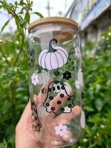 Light Pink Pumpkin Floral Cute Ghost Glass Cup, Transparent High Borosilicate Material, Autumn Halloween Portable Takeout Fruit Tea Cold Drink Cup - Multicolor - View 10