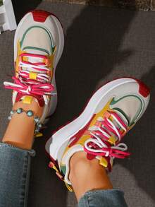 Women's Multi-Color Contrast Patchwork Faux Suede Thick Sole Sneakers, Dual-Color Shoelaces With Contrast Decorative Patches, Thick Sole Retro Casual Shoes - Hot Pink - View 3