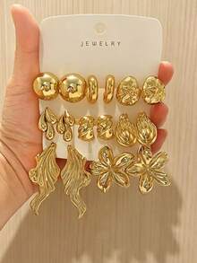 16pcs Women's Fashion Personalized Gold Metallic Earrings Set, CCB Material, Fade-Resistant, Hypoallergenic, Suitable For Daily Wear, Vacation, Birthday Gift - Gold - View 2