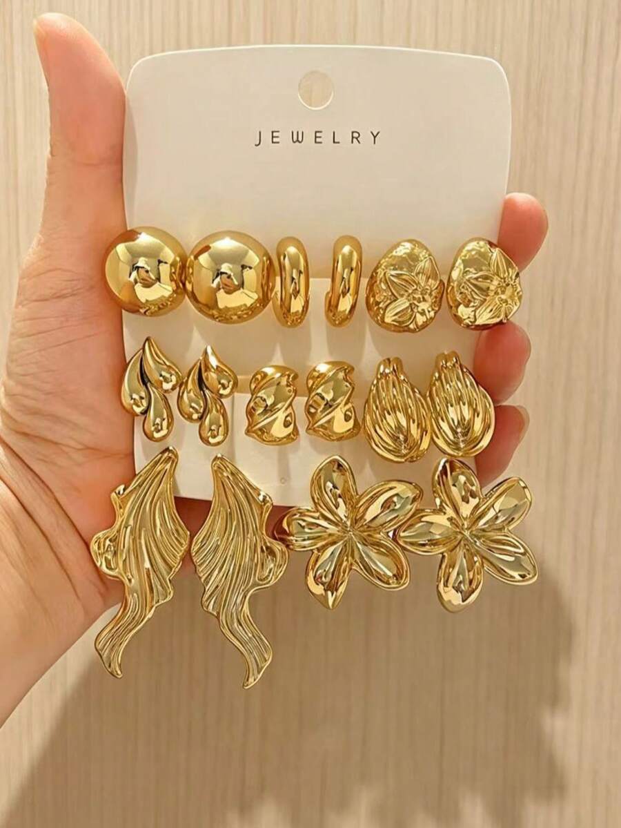 16pcs Women's Fashion Personalized Gold Metallic Earrings Set, CCB Material, Fade-Resistant, Hypoallergenic, Suitable For Daily Wear, Vacation, Birthday Gift