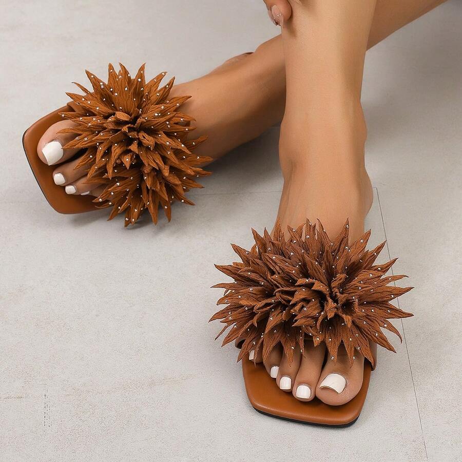 3D Floral Sandals, Flat Beach Shoes Comfortable Slippers - Brown - View 1