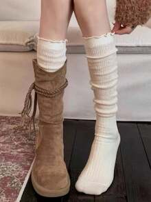 1 Pasang Kaos Kaki Selutut dengan Hiasan Rumbai, Kaos Kaki Wanita Musim Semi/Gugur JK, Kaos Kaki Selutut Putih dengan Hiasan Renda Rumbai, Cocok Dipadukan dengan Sepatu Bot, Sepatu Bot Setinggi Lutut, Penghangat Kaki - MultiWarna - View 3