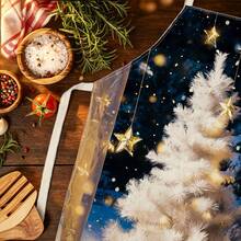 1pc Christmas Night Scene White Snow Christmas Tree Print Apron - Sleeveless Design, Durable And Comfortable Fit, Featuring Falling Snow Christmas Tree, Golden Star Decorations And Winter Night Forest Pattern, Suitable For Cooking, Baking And Home Cleaning, Household Cleaning, Housework Apron, Hand-Painted Holiday Gardening Apron, Fun Christmas Holiday Gift - Multicolor - View 6