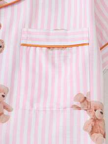 2pcs Women's Comfortable Pink & White Striped Bear Print Short Sleeve Collared Top And Bow Shorts Pajama Set, Spring/Summer - Pink - View 6