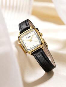1pc Women Square Retro Quartz Watch, Two-Tone Gold & Silver Case, White Dial, Black Litchi PU Strap, Wristwatch For Daily & Gifting - Black - View 4
