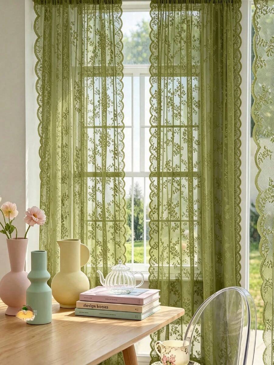 1pc French Romantic Style Semi-Sheer Curtain Panel, With Lace Trim, 100% Polyester Mesh, Wave Rod Pocket Design, Adjustable Decorative Curtain Suitable For Living Room, Bedroom, Balcony, Classic Style, Machine Washable, Suitable For Seasonal Use, Rod Pocket Design, No Lining, Semi-Sheer, Country Style, High Quality, Rod Pocket Design, Suitable For Door Curtain Panel, Woven, Polyester Fiber - Multicolor - View 1