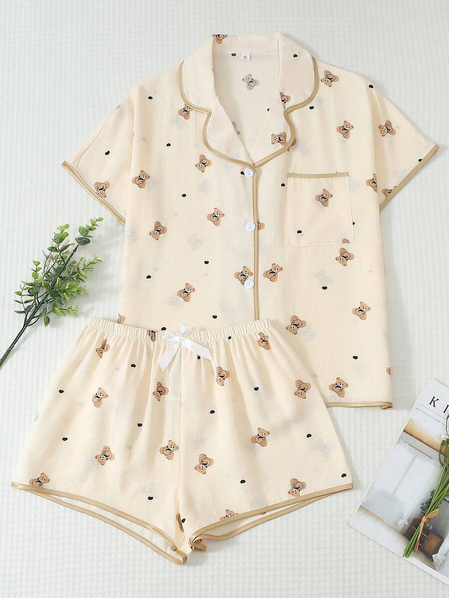 2pcs/Set Women's Comfortable Black Spade Teddy Bear Print Short Sleeve Collared Top And Bowknot Shorts Pajama Set - Apricot - View 1