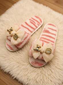 Chiffon Bow & Cartoon Bear Decor Sweet Delicate Plush Flat Slippers, Suitable For Autumn/Winter Home Use - Pink - View 3
