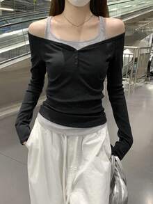 女款秋季韓風拼色修身優雅露肩2合1設計長袖T恤上衣 - 黑色 - 查看 4