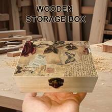 1pc Vintage Wooden Storage Box With Shabby Chic Rose And Butterfly Collage Illustration, Gift Storage Box, Small Accessory Organizer, Jewelry Collection Keepsake Box, Souvenir Storage, Desktop Organizer, Country Home Decor - Multicolor - View 1