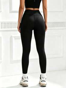 Kuswouy Women's Solid Color High Waist Fitted Pocket Sports Knit Leggings - Black - View 2