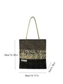 Tas Tote Kanvas Bahu Berpayet Premium Niche Design, Tas Tangan Komuter Kapasitas Besar Terbaru Musim Gugur 2026 untuk Wanita - Hitam - View 9
