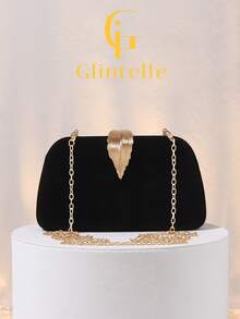 Black Velvet Leaf-Shaped Clutch, Luxury Gold Hardware Evening Bag, Detachable Chain Shoulder Strap, Suitable For Formal Party/Wedding/Date Night Accessory - Black - View 2