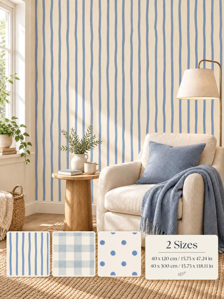SUPSTICKER Soft Blue & Cream Self-Adhesive Wallpaper, 3 Patterns: Stripes, Plaid & Polka Dots, Suitable For Bedroom, Living Room & Study - 1PC - View 1