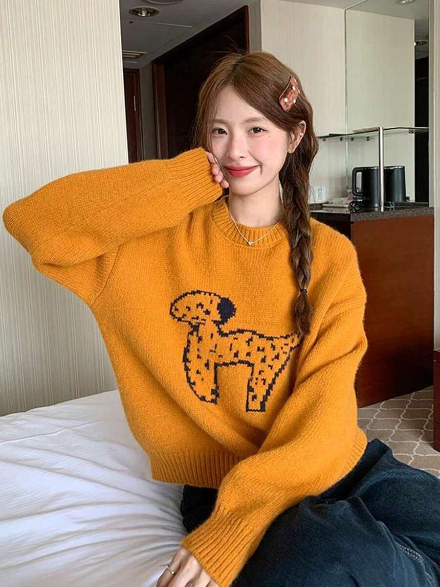 Women's Round Neck Puppy Pattern Long Sleeve Sweater, Winter Outfit - Burnt Orange - View 1