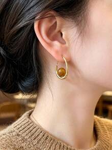 1 Pair Vintage Tiger Eye Teardrop Earrings For Women, High-End Luxury Gold Hoop Earrings With Atmospheric Vibe - Brown - View 6