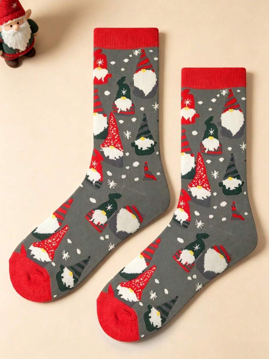 Men's Mid-Calf Socks, Warm Autumn/Winter Style; Cute Christmas Elf And Snowflake Holiday Pattern, Couple Exclusive Christmas Theme Mid-Calf Socks, Suitable For Holiday Outfits (1/3/5 Pairs) - Multicolor - View 1