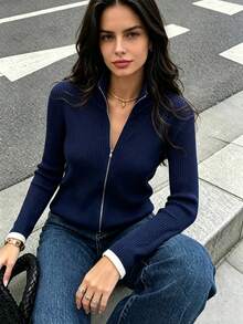 DEEKA 秋季新款女式歐美風時尚簡約百搭長袖立領羅紋拉鍊針織開襟衫 - 藏青色 - 查看 2