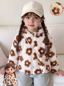 Infant Girls Sweet Cute Floral Print Double-Sided Fleece Long Sleeve Thick Hooded Zipper Jacket With Matching Mini Crossbody Bag, Winter - White - View 7