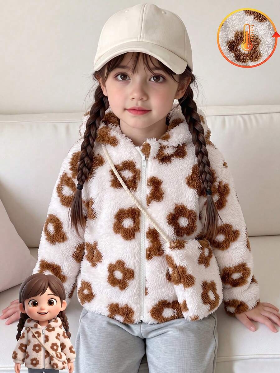Young Girls Maillard Cute Style Floral Print Teddy Fleece Hooded Zip-Up Jacket With Crossbody Bag, Autumn/Winter Daily Warm Outfit - White - View 1